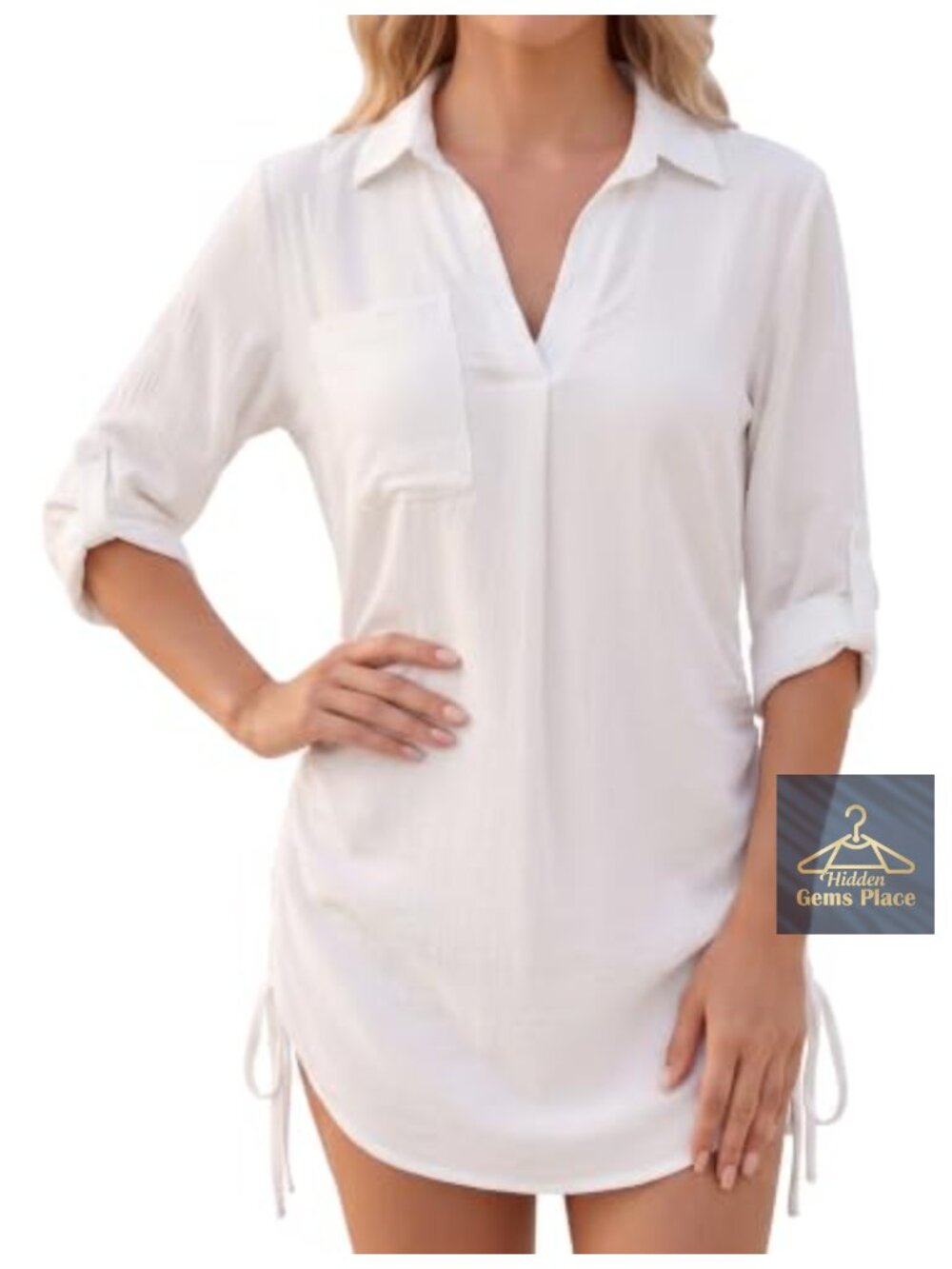 Swimsuit Coverup Dress Long Sleeve Drawstring Beach Cover Up